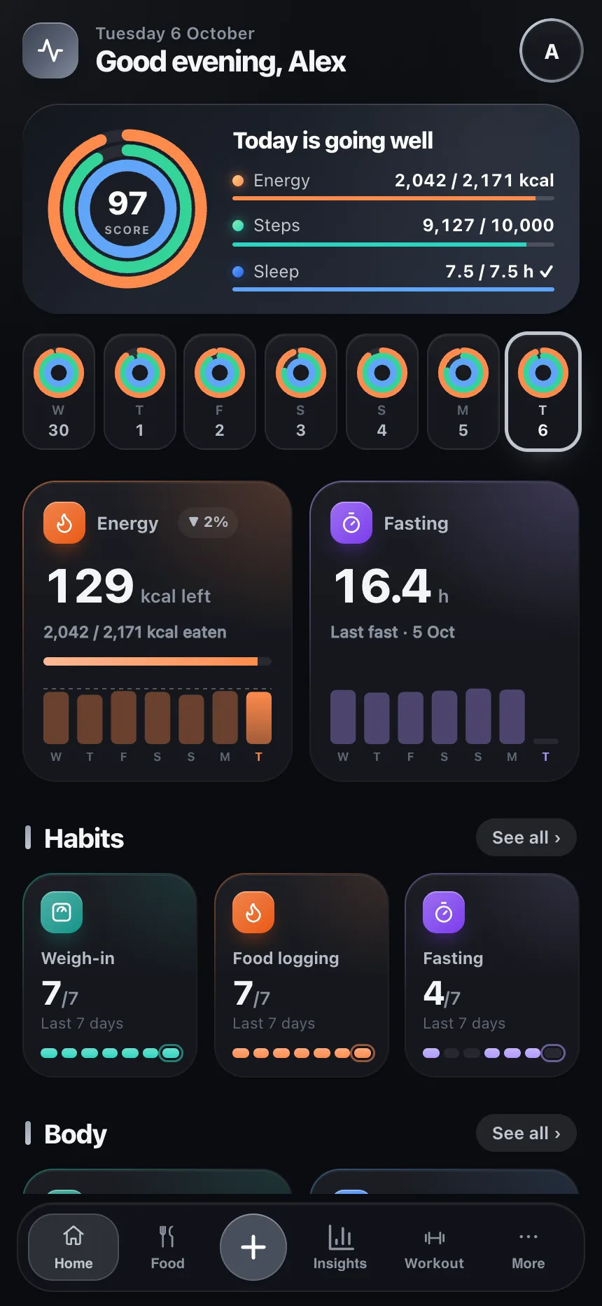 TempoLife daily dashboard with next steps and health progress